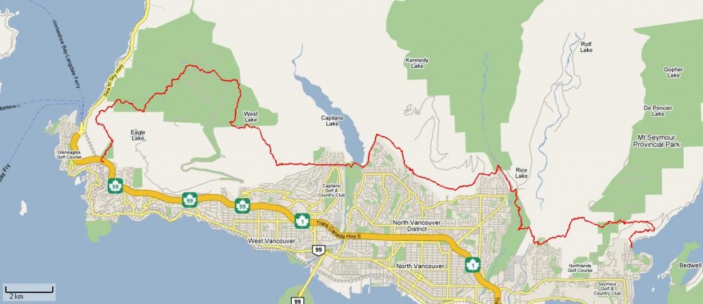 Baden Powell Trail route map across the North Shore